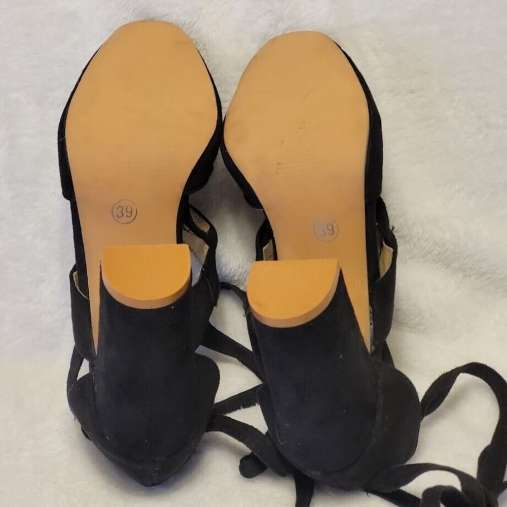 Black Suede Lace Up Block Heel Dress Shoes Sz 8.5 EU 39 Women’s Round Toe Pumps - Picture 7 of 9